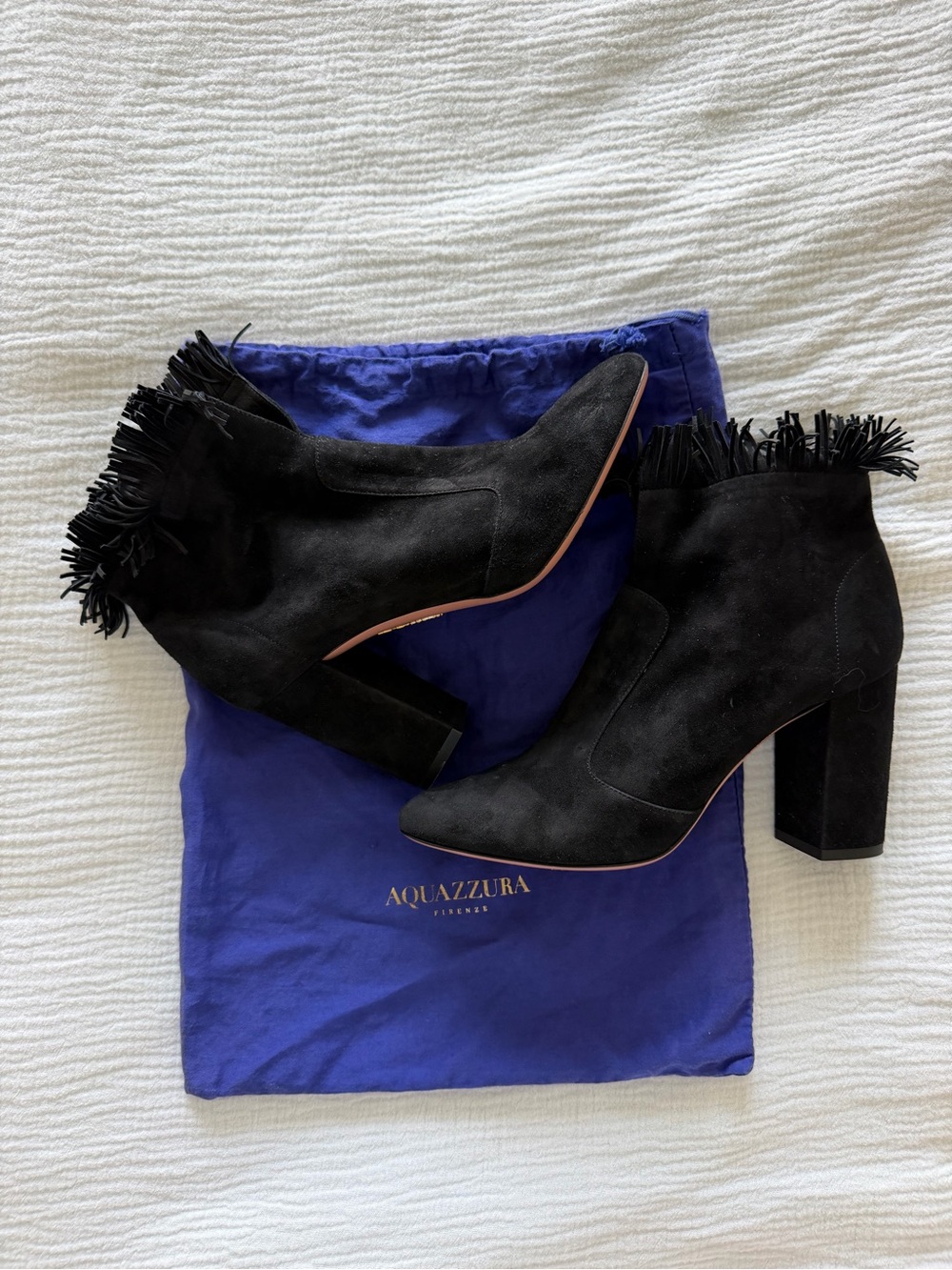 Aquazzura Black Suede Fringe Block Heel Ankle Boots